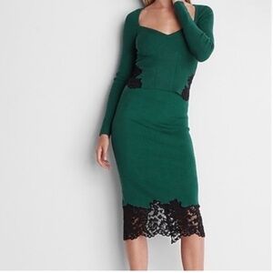 Express green And Black Lace Body Contour Top And Skirt Set